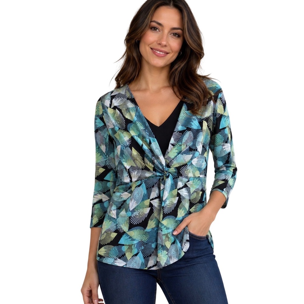 Teal Green Large Faux Wrap Top Women Abstract Twist Front Excellent East 5th